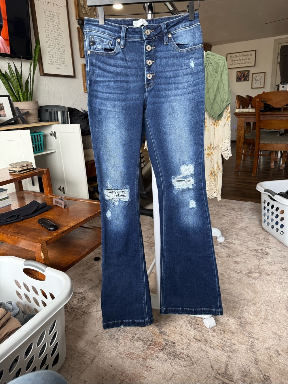 Women’s Distressed Dark Blue Flared Jeans
